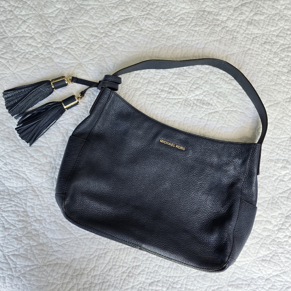 MICHAEL KORS Dark Blue Leather Hobo Bag with Tassels - Picture 2 of 16